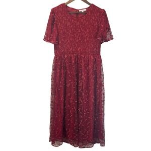 Baltic Born Kendra Crimson Red Floral Embroidered Tulle Midi Dress Size XL